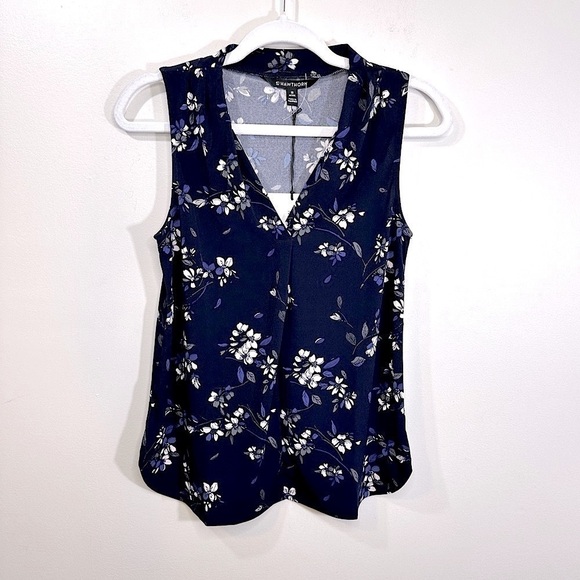 NWT 41 Hawthorn Breyson Dark Navy Floral Pleated Sleeveless Blouse Top XSP - Picture 10 of 10